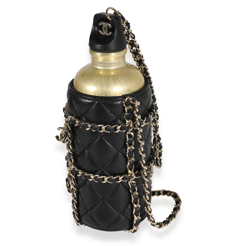 Chanel Gold Metal Water Bottle & Black Quilted Lambskin Holder Black; Leather Handbag