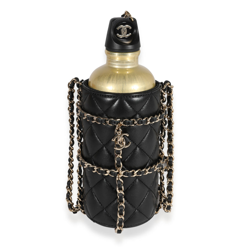 Chanel Gold Metal Water Bottle & Black Quilted Lambskin Holder Black; Leather Handbag