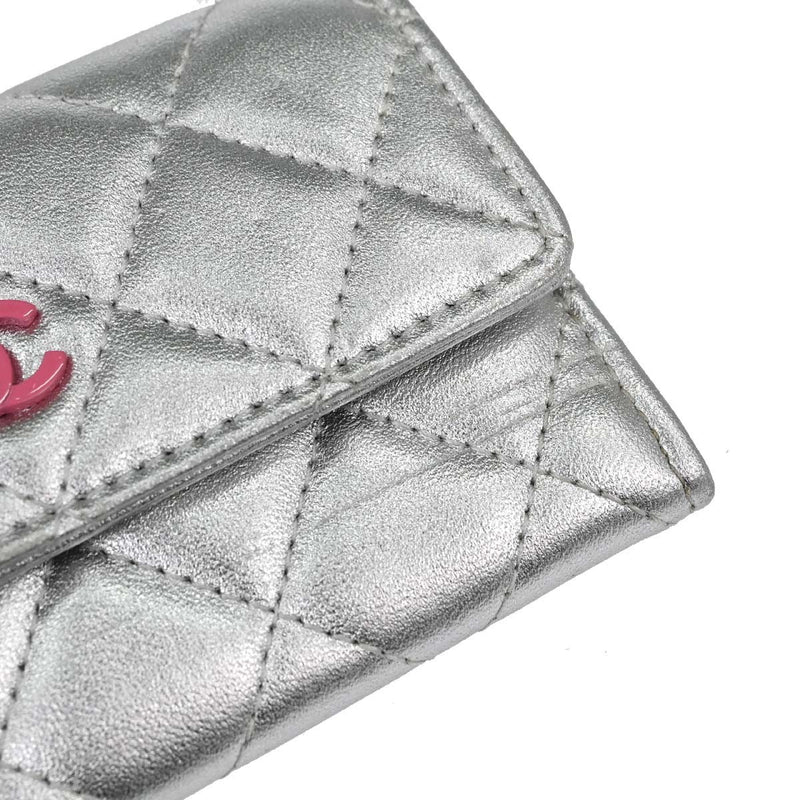 Chanel Cc Flap Card Case Quilted Lambskin Silver Leather Accessory