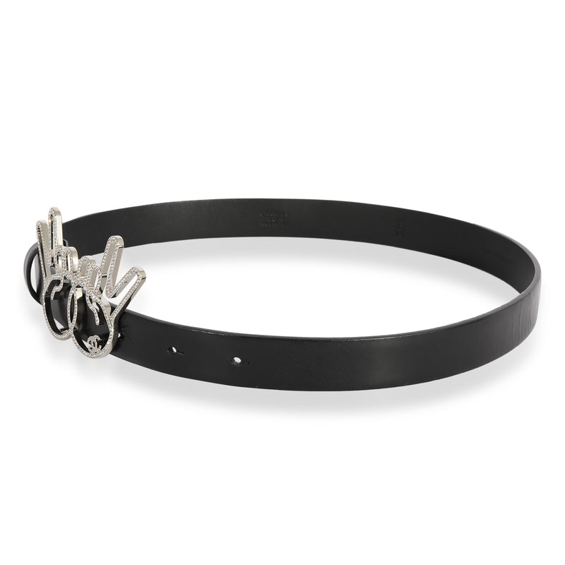 Chanel Black Calfskin Crystal Peace Sign Emoji Belt 65-26 Leather