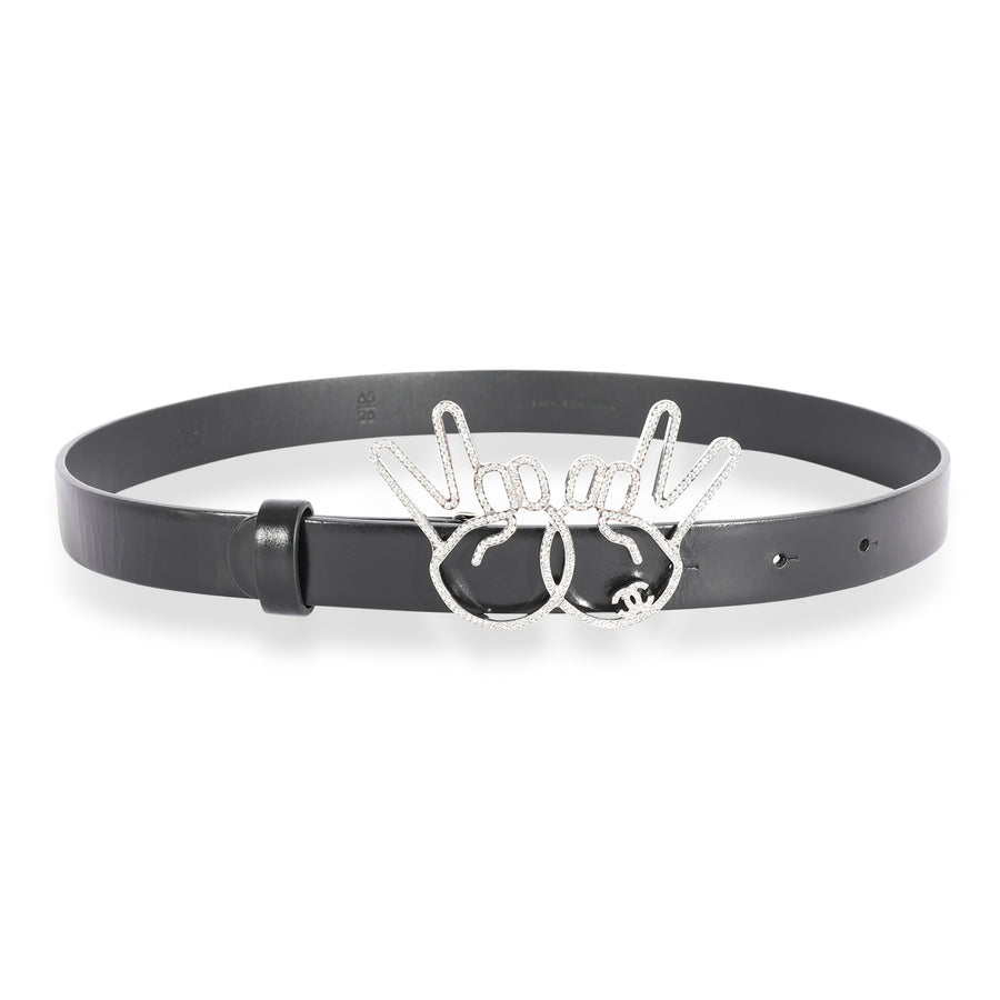 Chanel Black Calfskin Crystal Peace Sign Emoji Belt 65-26 Leather
