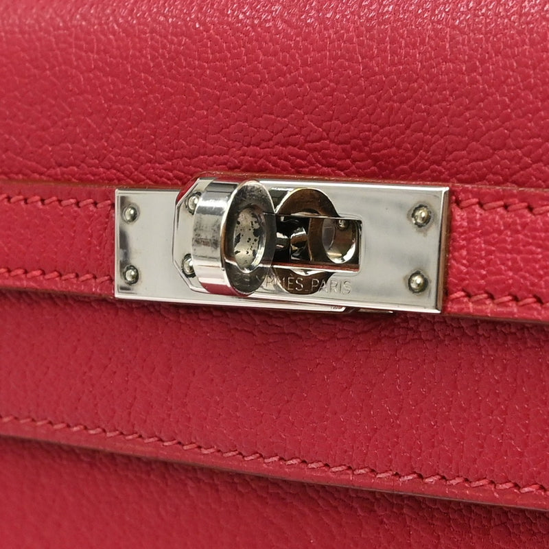 Hermes Kelly Red Chevre De Coromandel With Palladium Hardware Pink Calfskin Bag