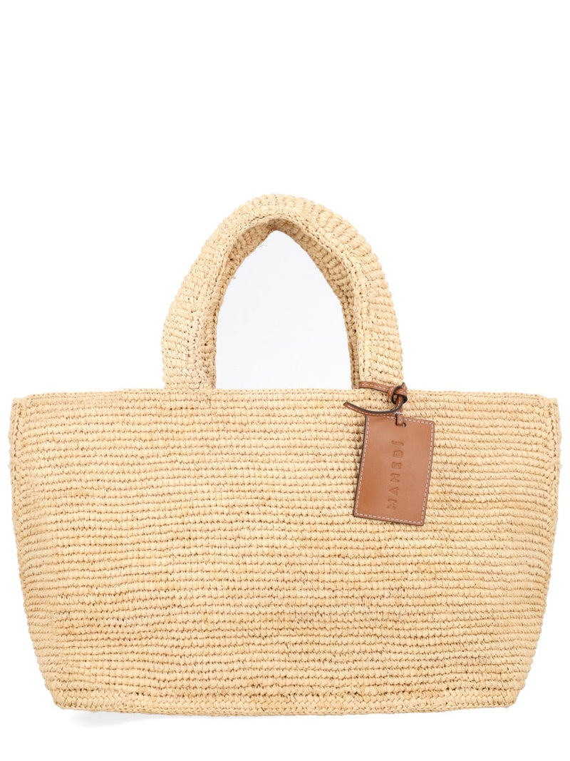 Manebi Sunset Shoulder Bag — Beige Raffia; Leather Details