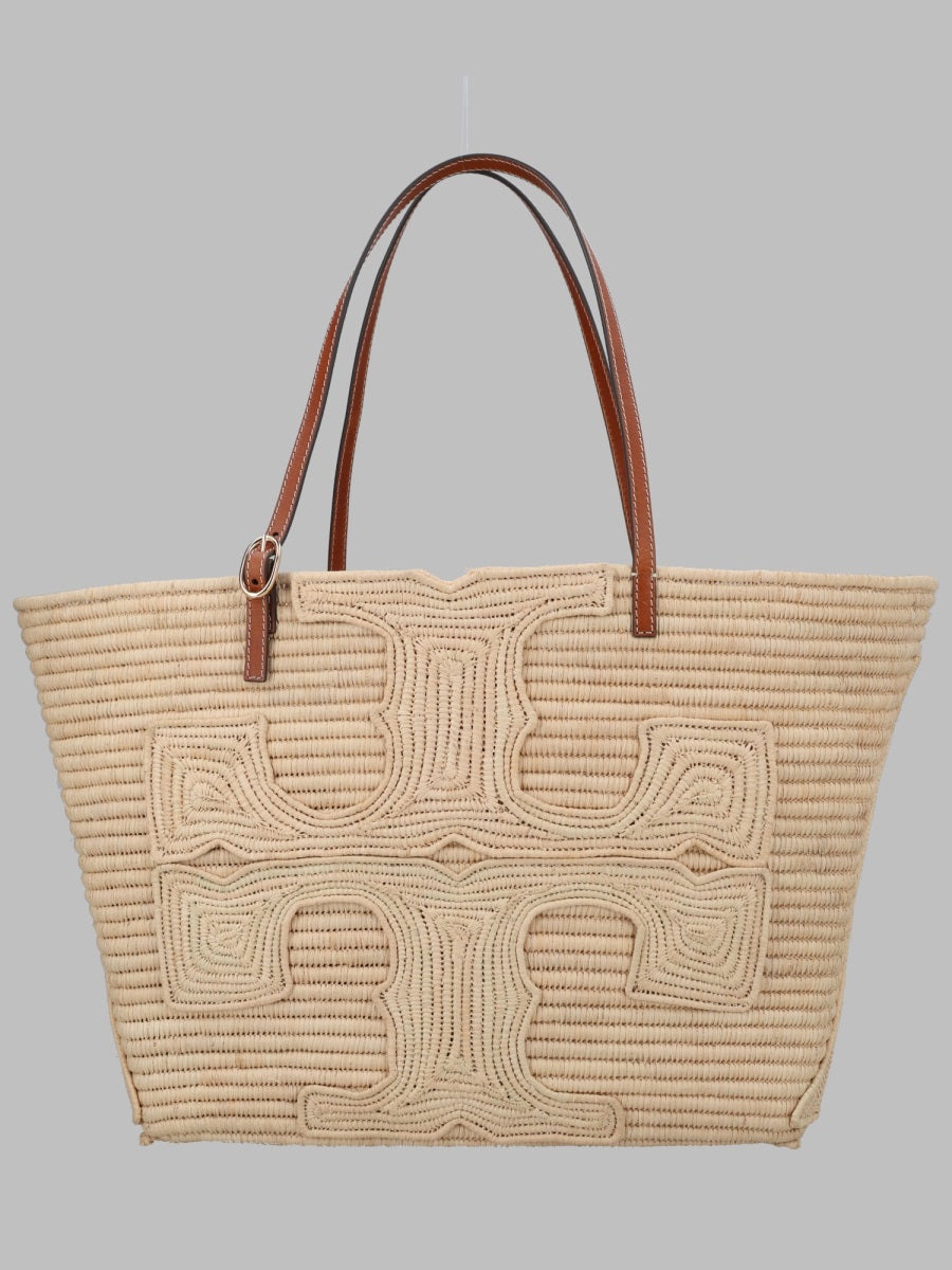 Tory Burch Raffia With Logo Embroidery Tote Bag — Beige