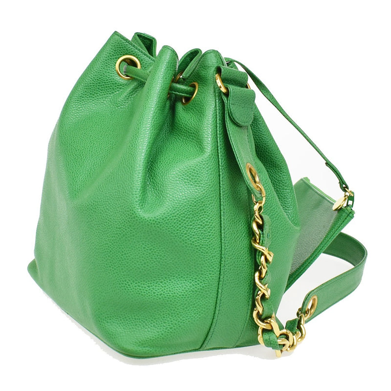 Chanel Vintage Cc Chain Drawstring Lambskin Green Calfskin Bag