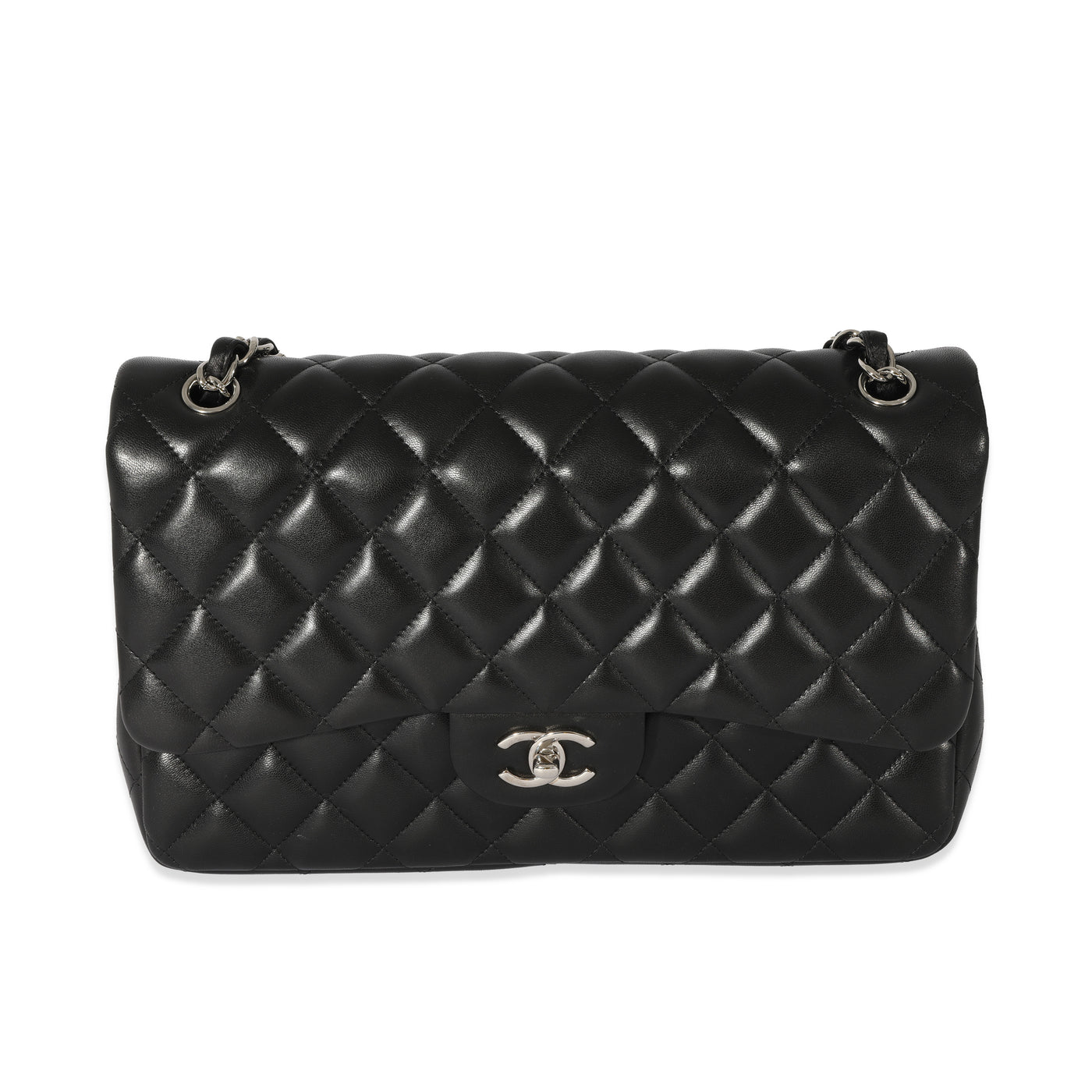 Chanel Black Quilted Lambskin Jumbo Classic Double Flap Bag Leather Handbag