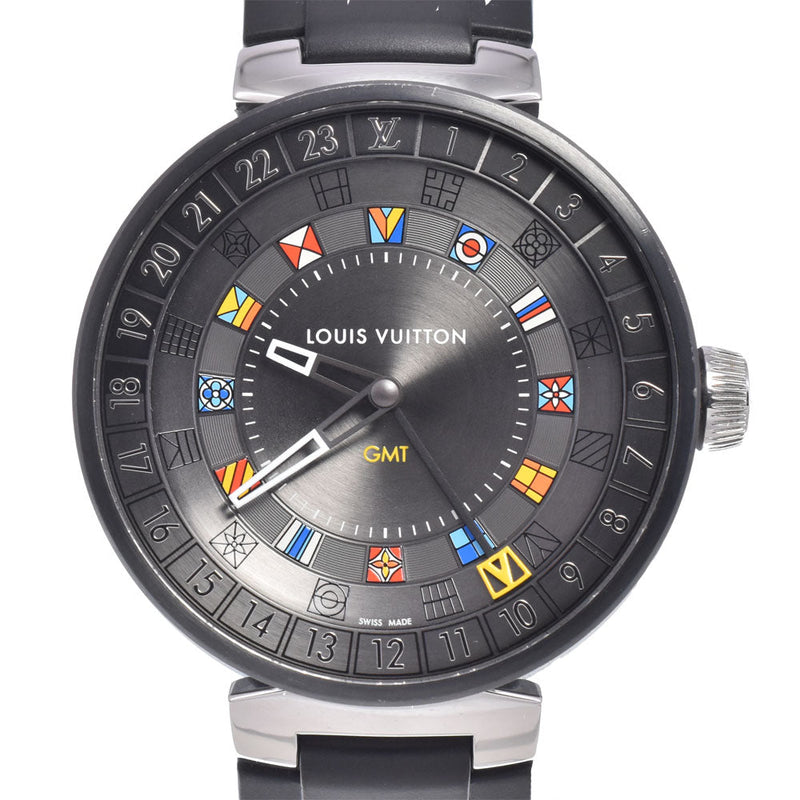 Louis Vuitton Tambour Moon Dual Time Quartz Stainless Steel With Diamond Lugs And Markers Leather Watches