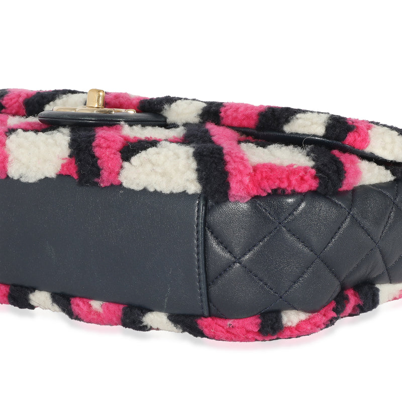 Chanel Fuchsia Navy White Shearling Lambskin Emoticon Single Flap Bag Multicolor; Pink; Fur Handbag