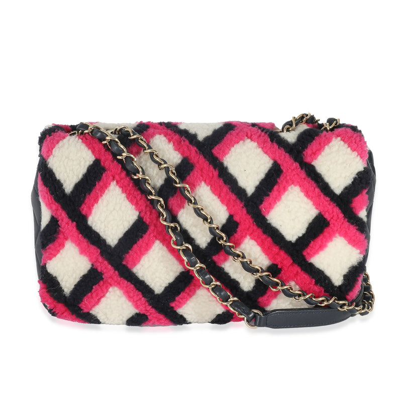 Chanel Fuchsia Navy White Shearling Lambskin Emoticon Single Flap Bag Multicolor; Pink; Fur Handbag