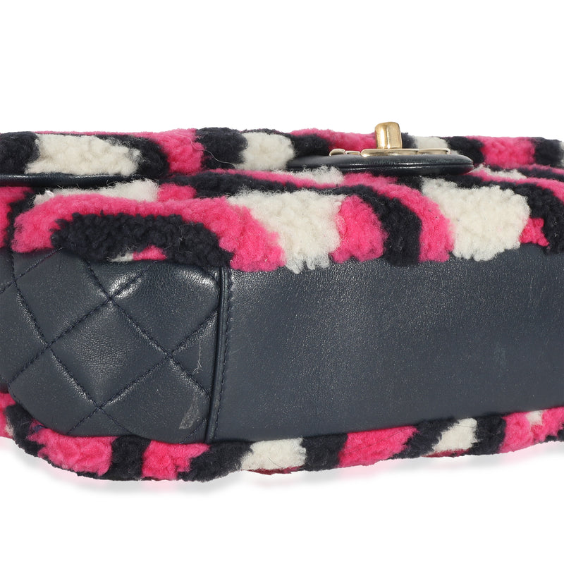 Chanel Fuchsia Navy White Shearling Lambskin Emoticon Single Flap Bag Multicolor; Pink; Fur Handbag