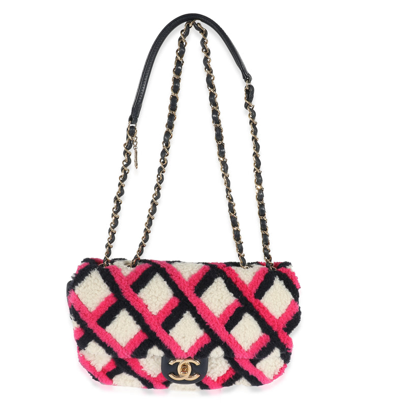 Chanel Fuchsia Navy White Shearling Lambskin Emoticon Single Flap Bag Multicolor; Pink; Fur Handbag