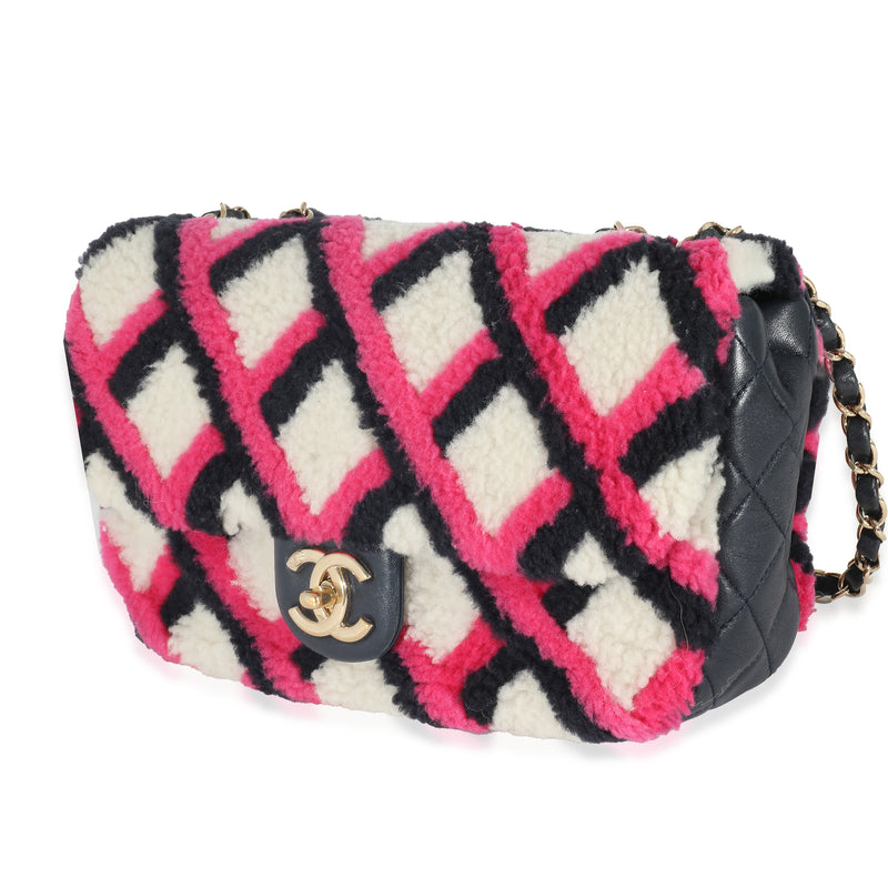 Chanel Fuchsia Navy White Shearling Lambskin Emoticon Single Flap Bag Multicolor; Pink; Fur Handbag