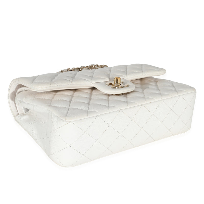 Chanel White Quilted Caviar Small Classic Double Flap Handbag Leather