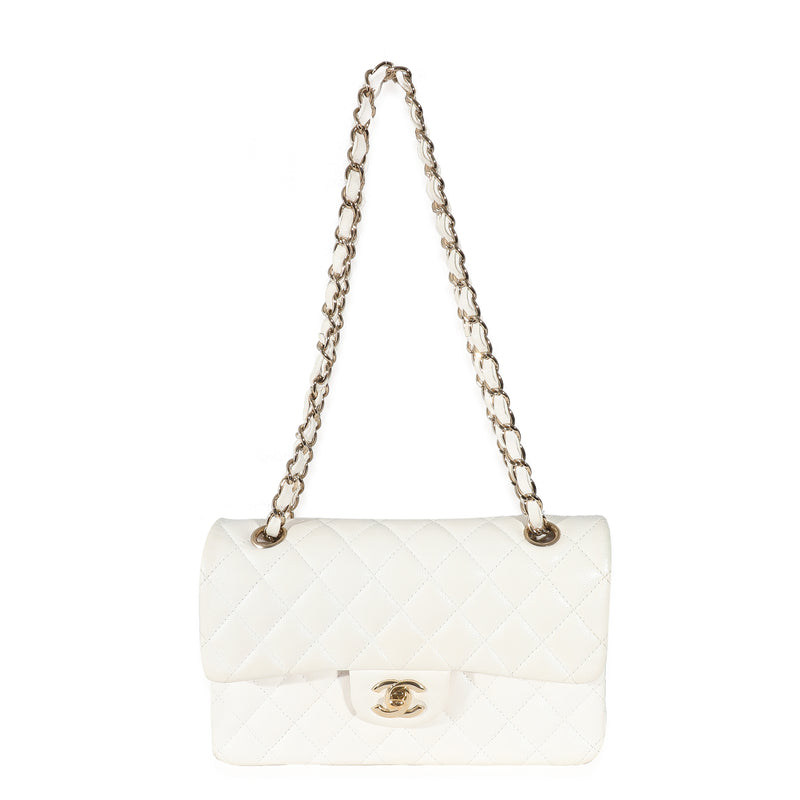 Chanel White Quilted Caviar Small Classic Double Flap Handbag Leather