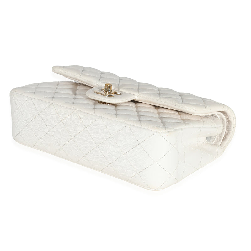 Chanel White Quilted Caviar Small Classic Double Flap Handbag Leather