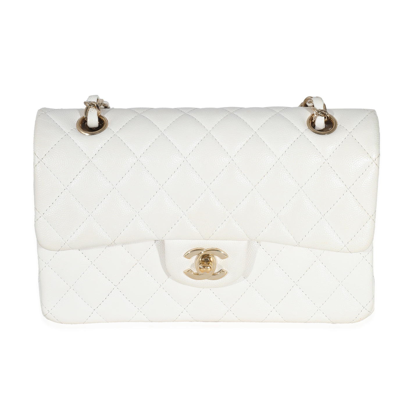 Chanel White Quilted Caviar Small Classic Double Flap Handbag Leather