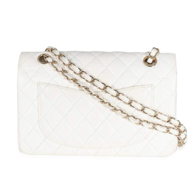Chanel White Quilted Caviar Small Classic Double Flap Handbag Leather