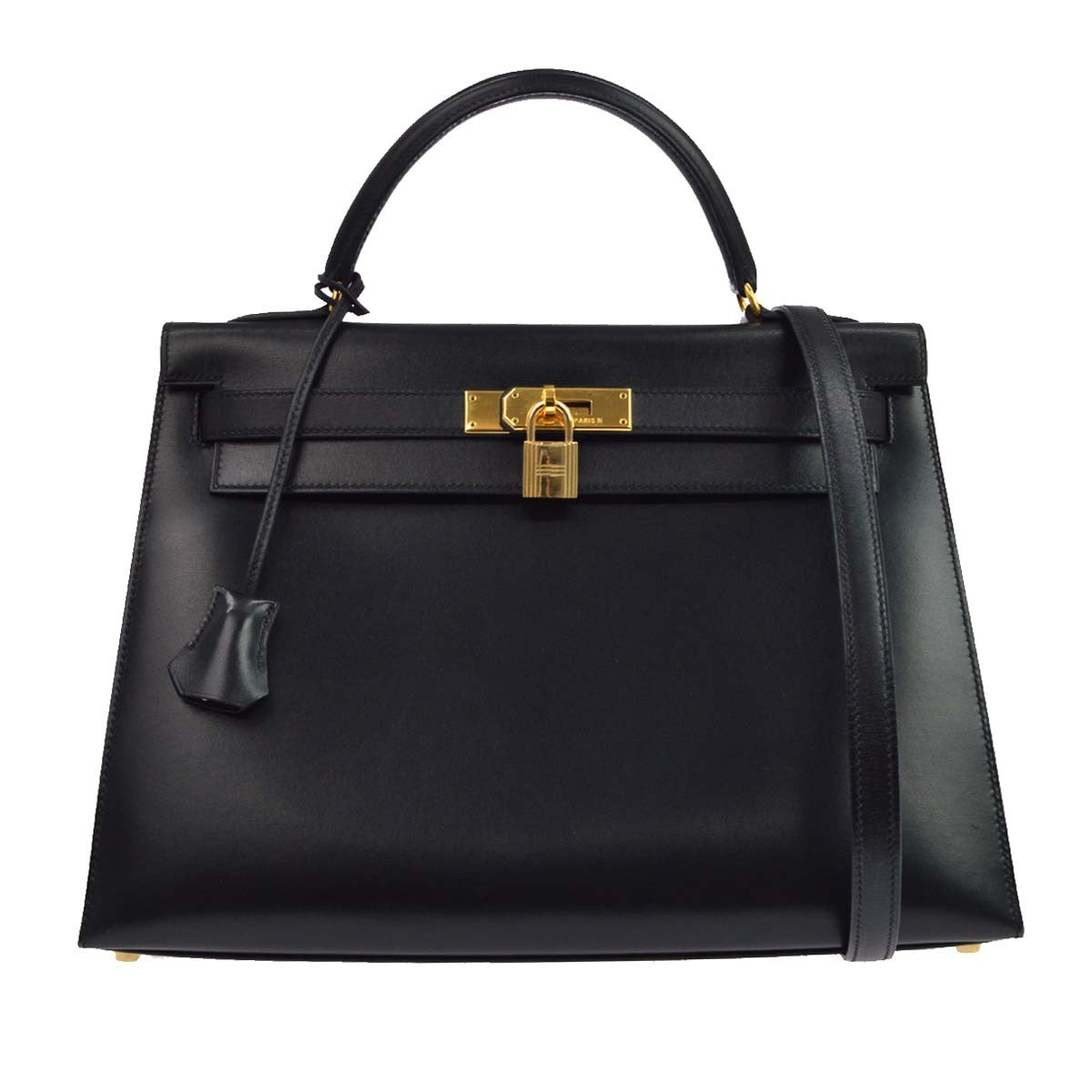 Hermes Kelly Black Box Calf With Gold Hardware Calfskin Bag