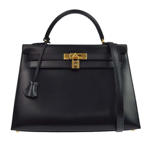 Hermes Kelly Black Box Calf With Gold Hardware Calfskin Bag