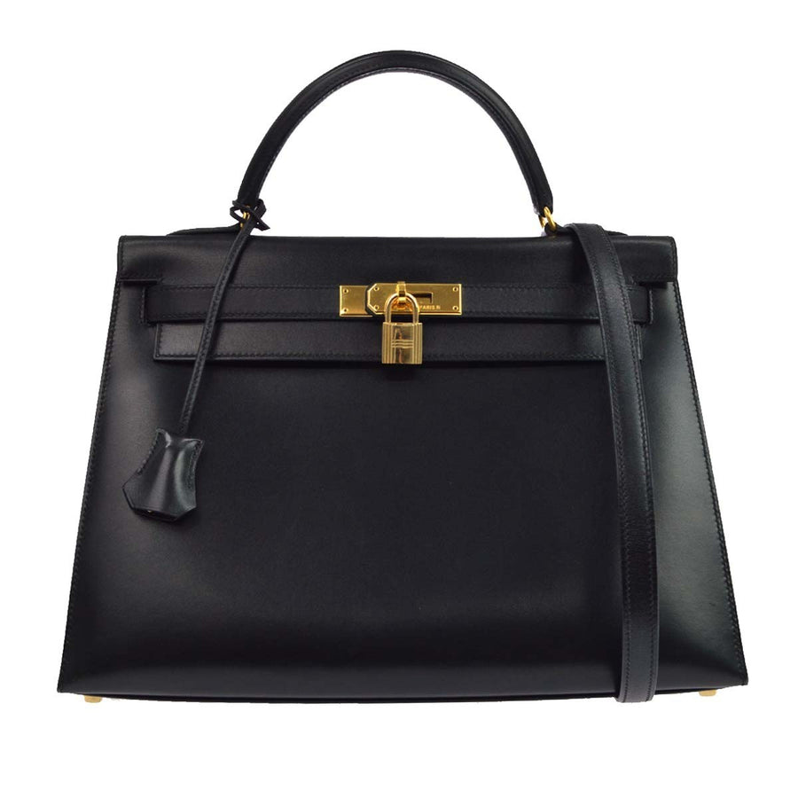 Hermes Kelly Black Box Calf With Gold Hardware Calfskin Bag