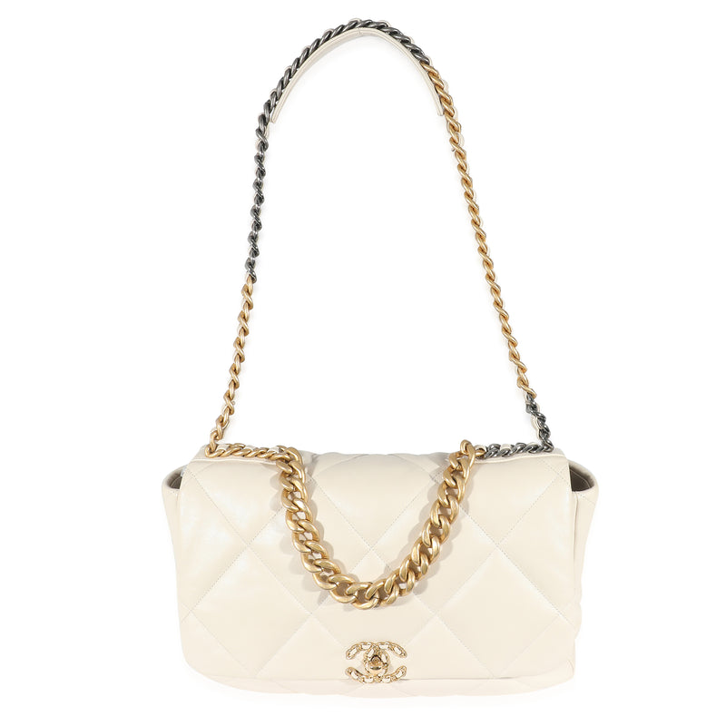 Chanel Ivory Shiny Quilted Lambskin Maxi 19 Flap Bag Beige Leather Handbag