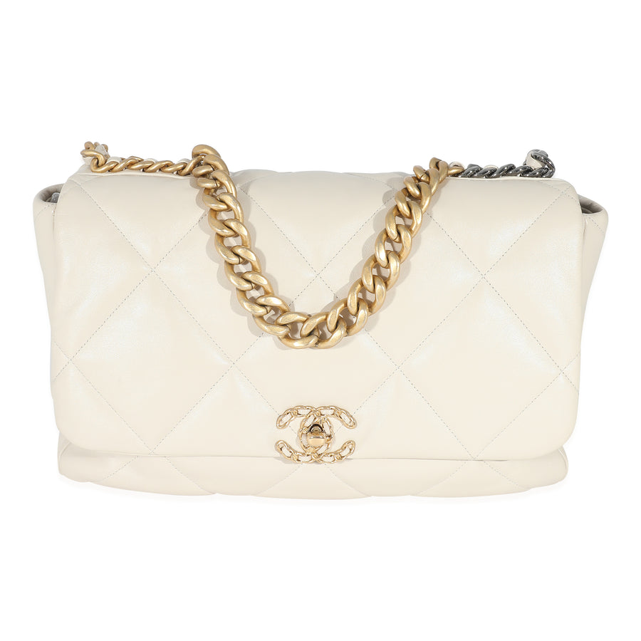 Chanel Ivory Shiny Quilted Lambskin Maxi 19 Flap Bag Beige Leather Handbag