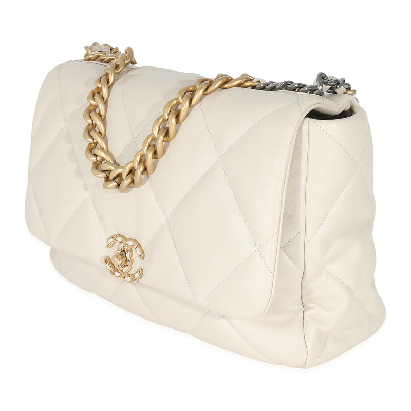 Chanel Ivory Shiny Quilted Lambskin Maxi 19 Flap Bag Beige Leather Handbag