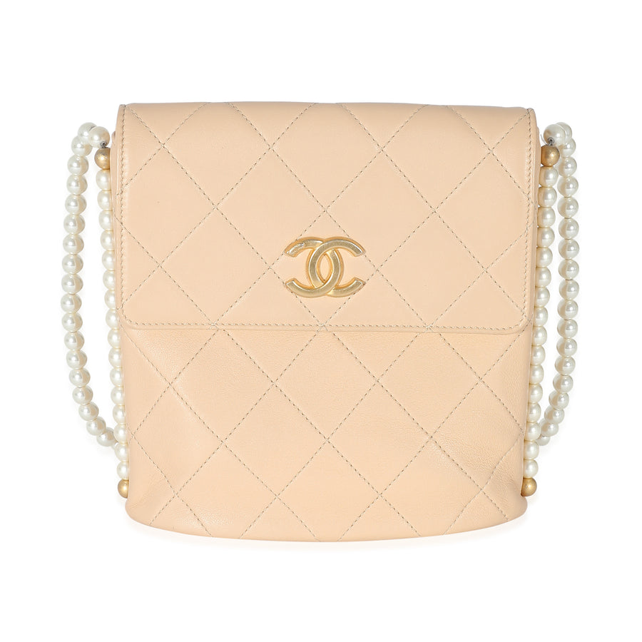Chanel Beige Quilted Calfskin Small Pearl Chain Hobo Leather Handbag