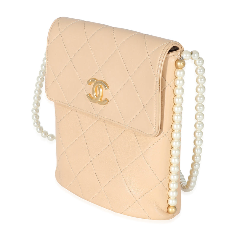Chanel Beige Quilted Calfskin Small Pearl Chain Hobo Leather Handbag