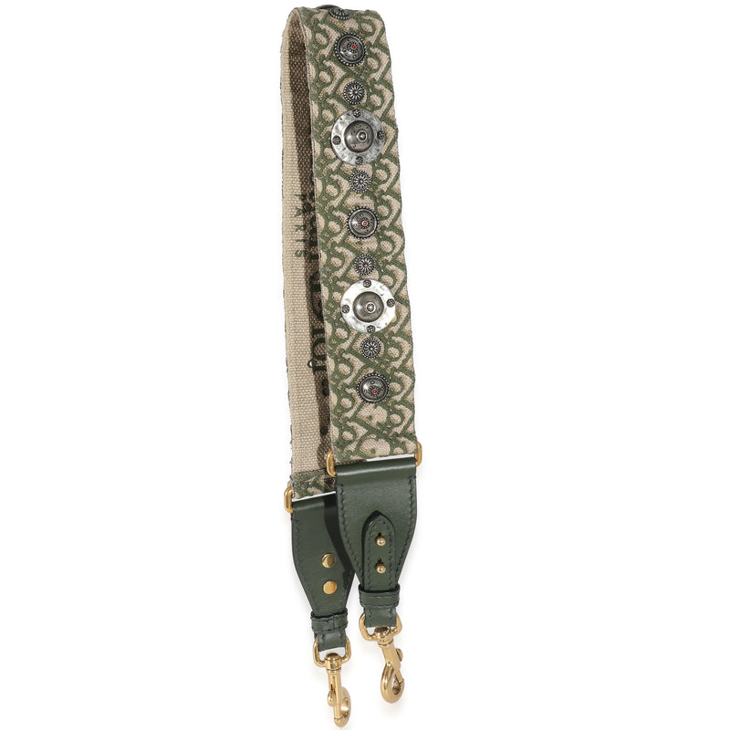 Christian Dior Green Canvas Oblique Studded Bohemian Shoulder Strap Beige; Bag