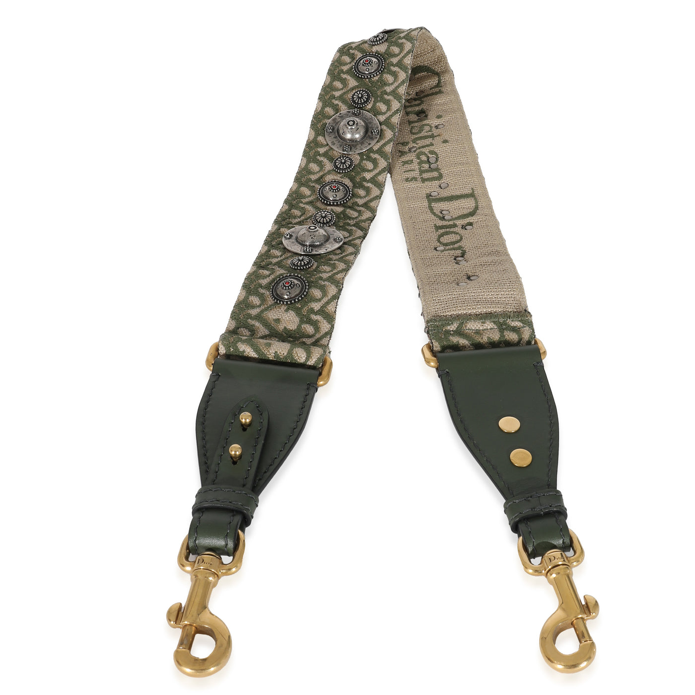 Christian Dior Green Canvas Oblique Studded Bohemian Shoulder Strap Beige; Bag