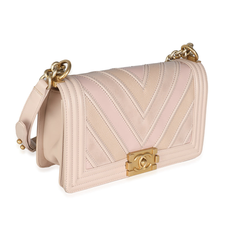 Chanel Beige Caviar Suede Calfskin Chevron Medium Boy Handbag Beige; Pink Leather