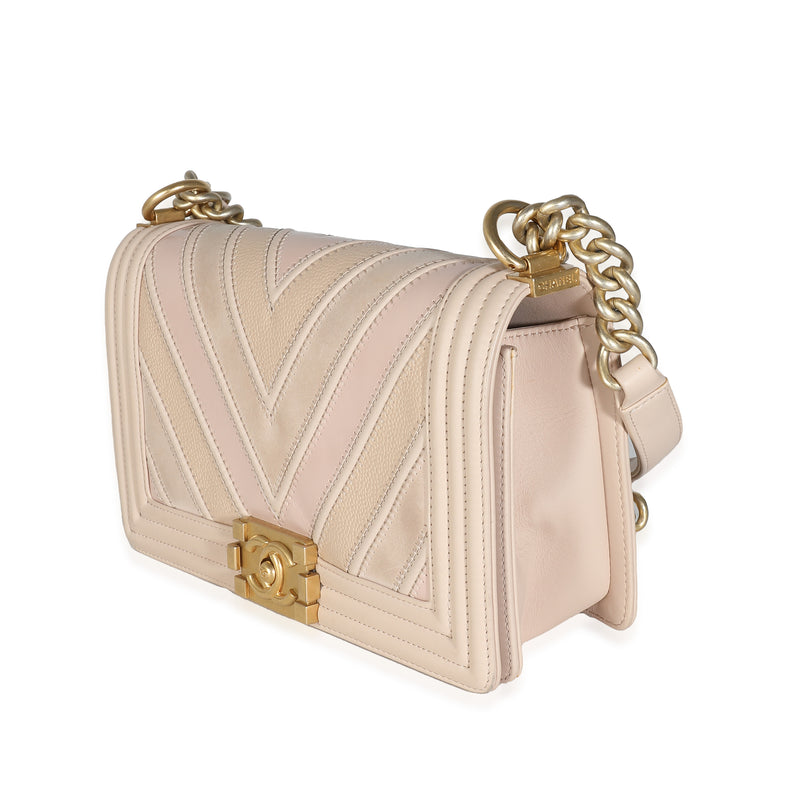 Chanel Beige Caviar Suede Calfskin Chevron Medium Boy Handbag Beige; Pink Leather