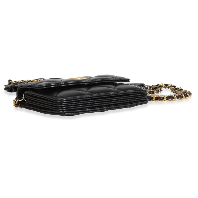 Chanel Black Quilted Lambskin Ruffled Card Holder On Chain Leather Handbag