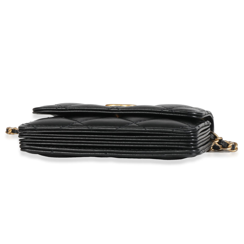 Chanel Black Quilted Lambskin Ruffled Card Holder On Chain Leather Handbag