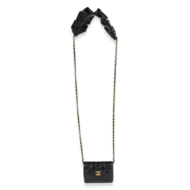 Chanel Black Quilted Lambskin Ruffled Card Holder On Chain Leather Handbag