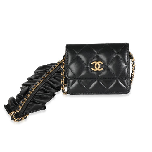 Chanel Black Quilted Lambskin Ruffled Card Holder On Chain Leather Handbag