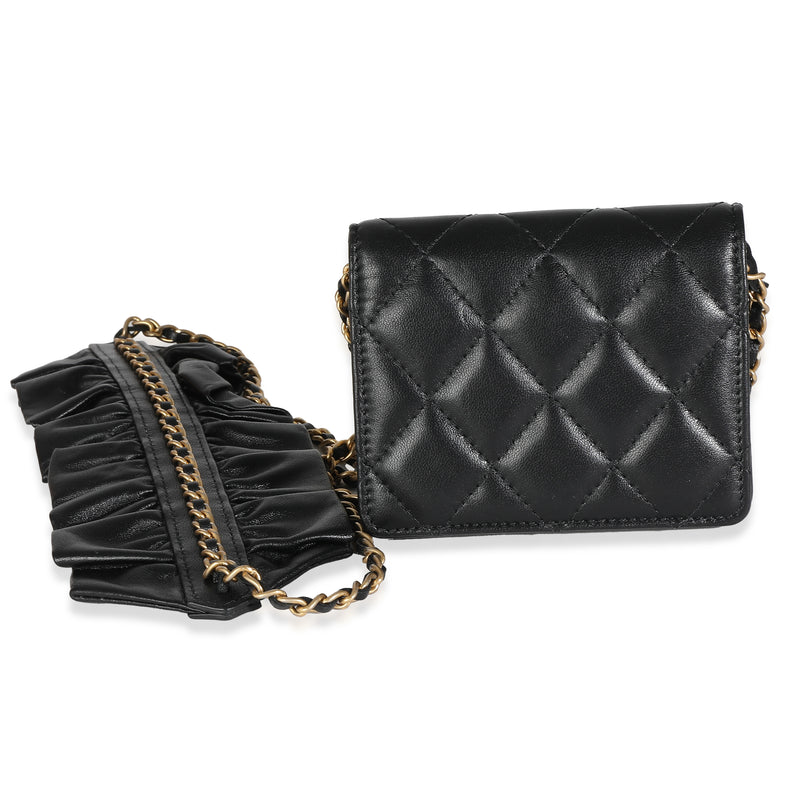 Chanel Black Quilted Lambskin Ruffled Card Holder On Chain Leather Handbag