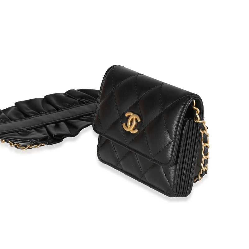 Chanel Black Quilted Lambskin Ruffled Card Holder On Chain Leather Handbag