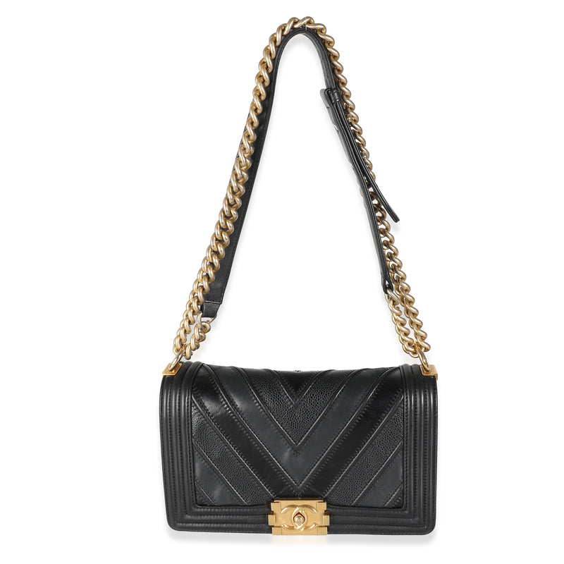 Chanel Black Calfskin Caviar The Mix Chevron Old Medium Boy Handbag Leather; Suede