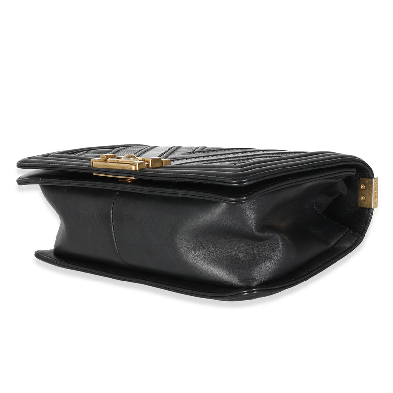 Chanel Black Calfskin Caviar The Mix Chevron Old Medium Boy Handbag Leather; Suede