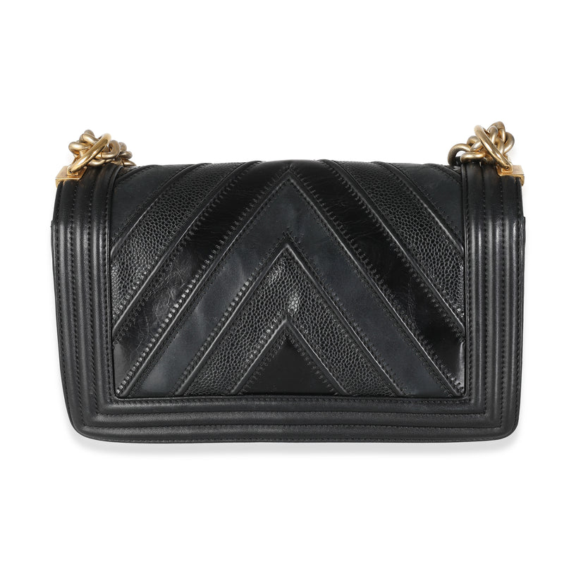 Chanel Black Calfskin Caviar The Mix Chevron Old Medium Boy Handbag Leather; Suede