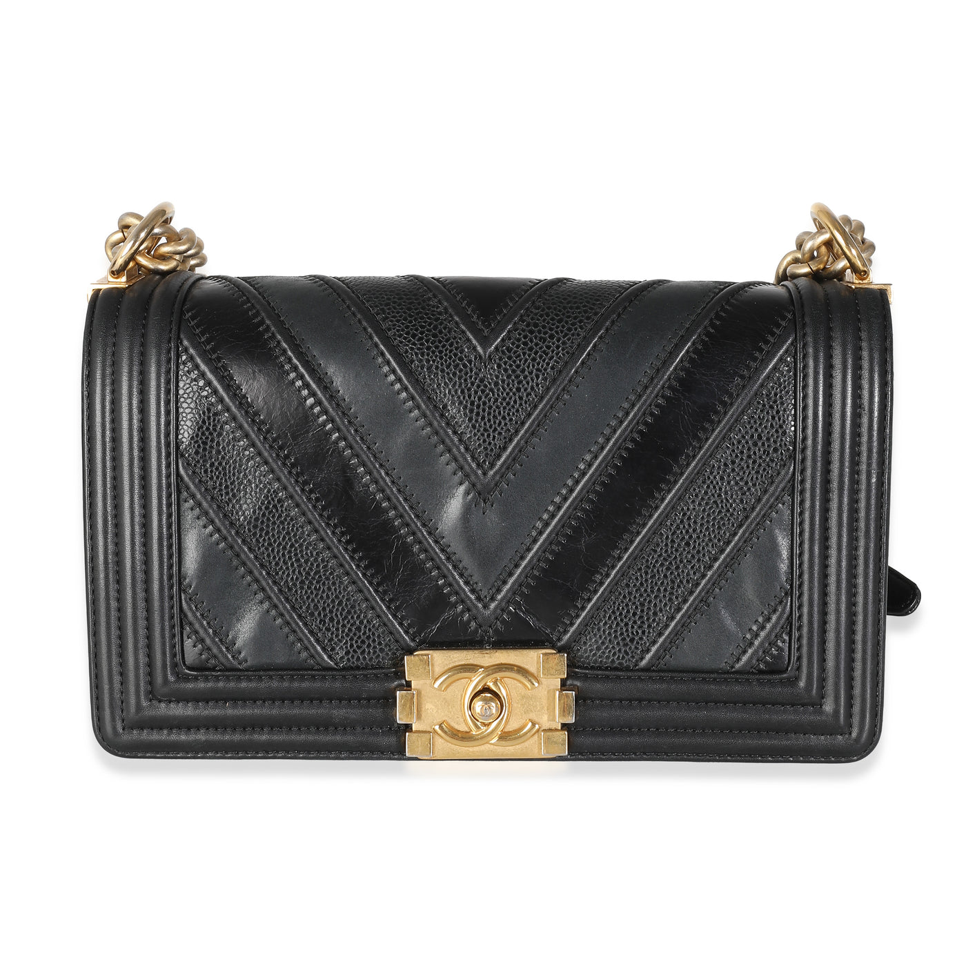 Chanel Black Calfskin Caviar The Mix Chevron Old Medium Boy Handbag Leather; Suede
