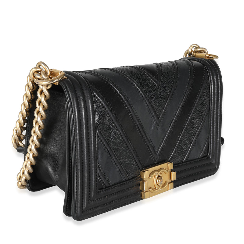 Chanel Black Calfskin Caviar The Mix Chevron Old Medium Boy Handbag Leather; Suede