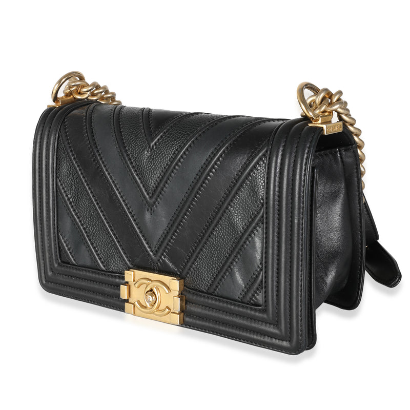 Chanel Black Calfskin Caviar The Mix Chevron Old Medium Boy Handbag Leather; Suede