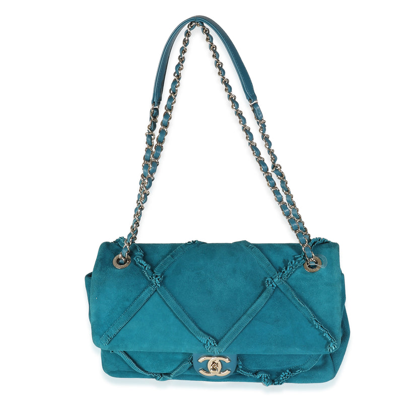 Chanel Teal Suede Goatskin Diamond Fringe Medium Flap Bag Blue Handbag