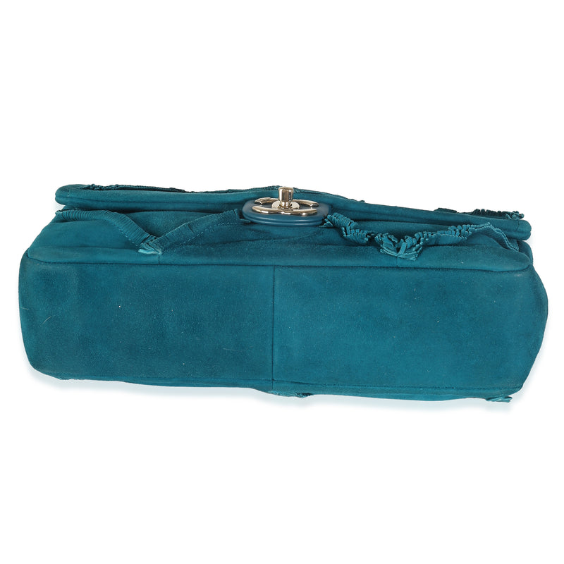 Chanel Teal Suede Goatskin Diamond Fringe Medium Flap Bag Blue Handbag