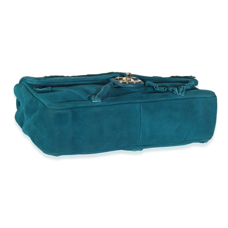 Chanel Teal Suede Goatskin Diamond Fringe Medium Flap Bag Blue Handbag