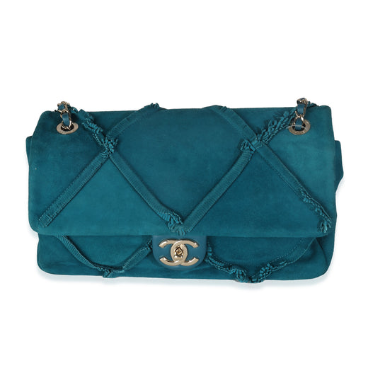 Chanel Teal Suede Goatskin Diamond Fringe Medium Flap Bag Blue Handbag