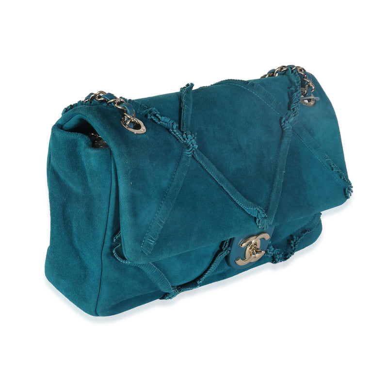 Chanel Teal Suede Goatskin Diamond Fringe Medium Flap Bag Blue Handbag